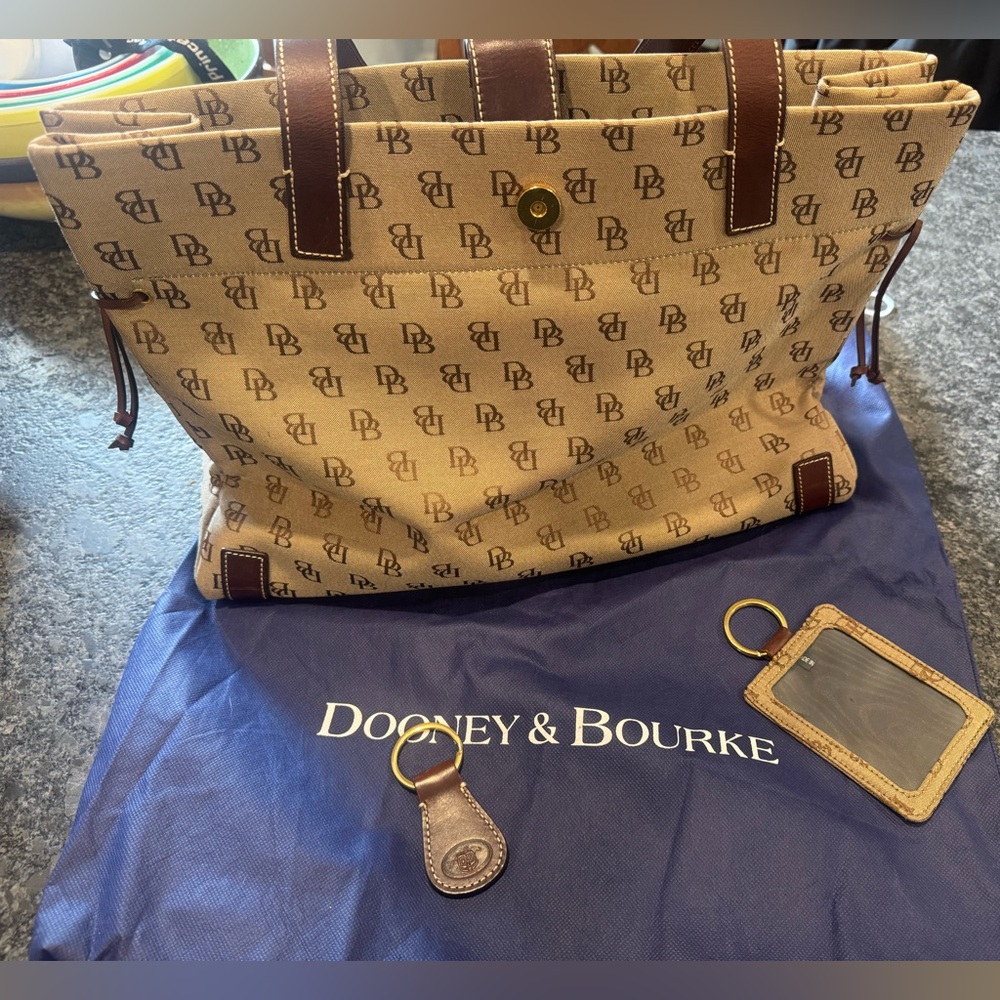 Dooney & Bourke Beige Monogram Tote, key chain and ID holder